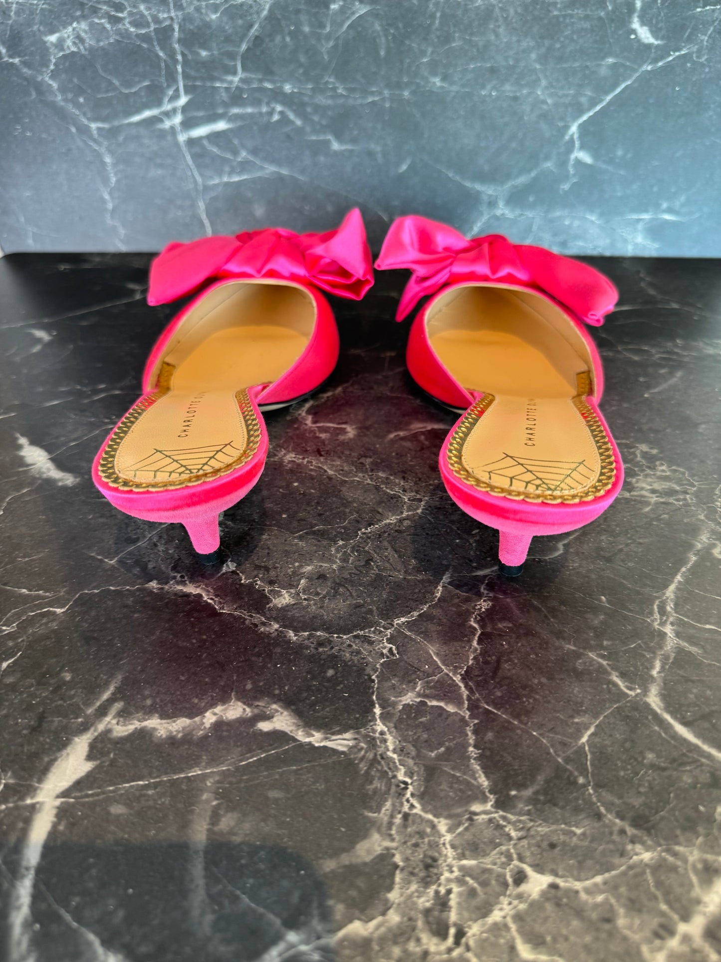 Charlotte Olympia Hot Pink Satin Bow Mules