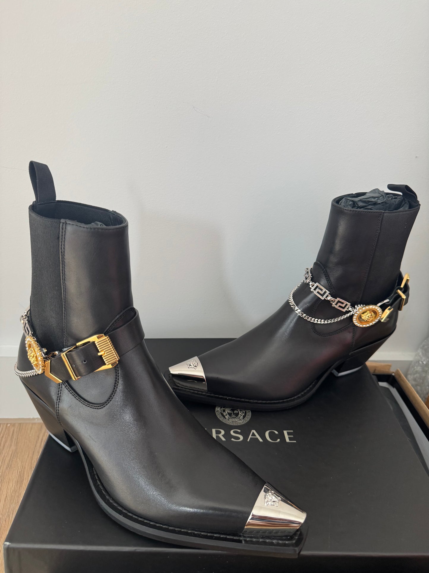 Versace Medusa Chain Leather Ankle Boots – Black