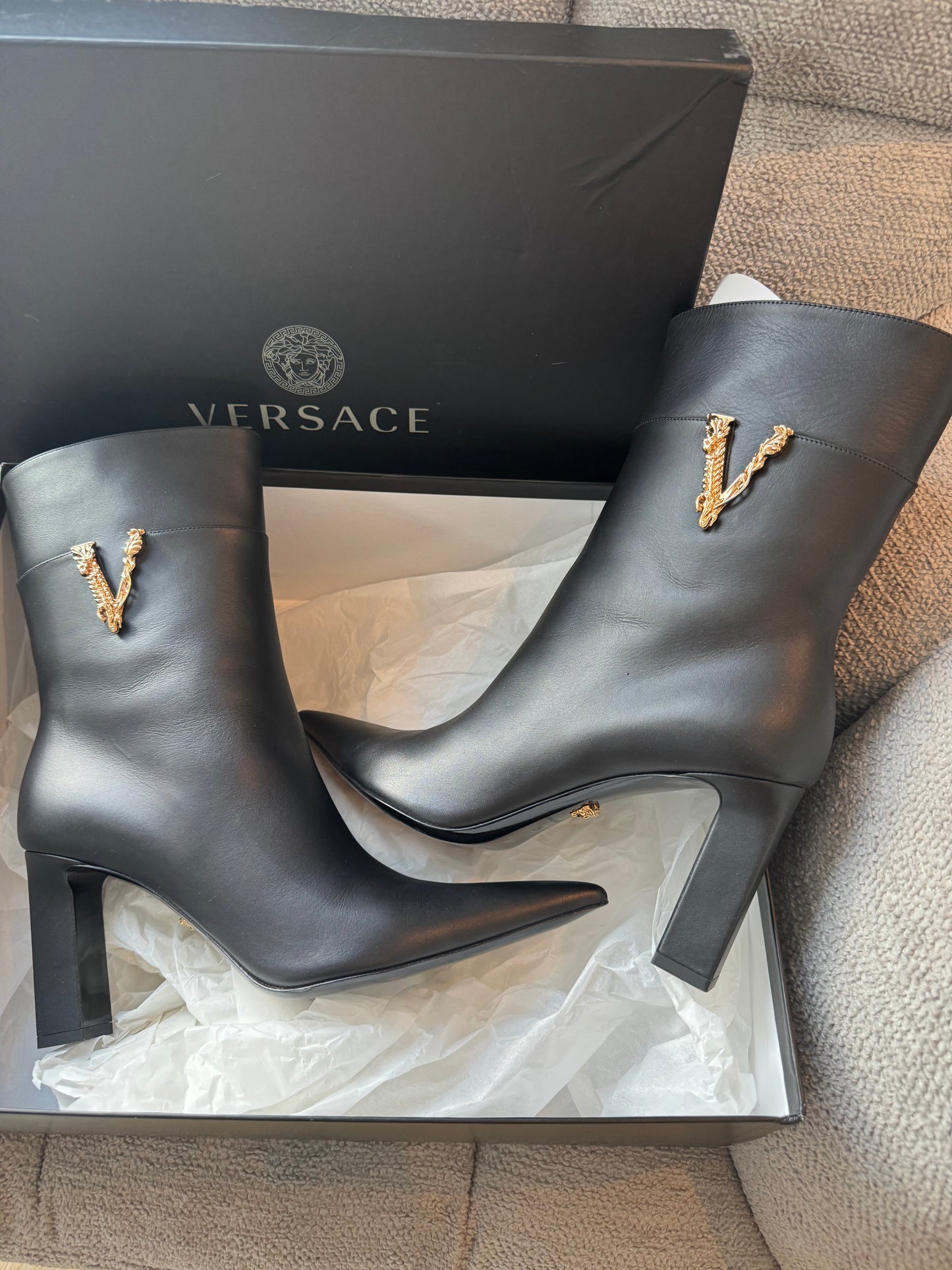 Versace Black Leather Medusa ‘V’ Ankle Boots