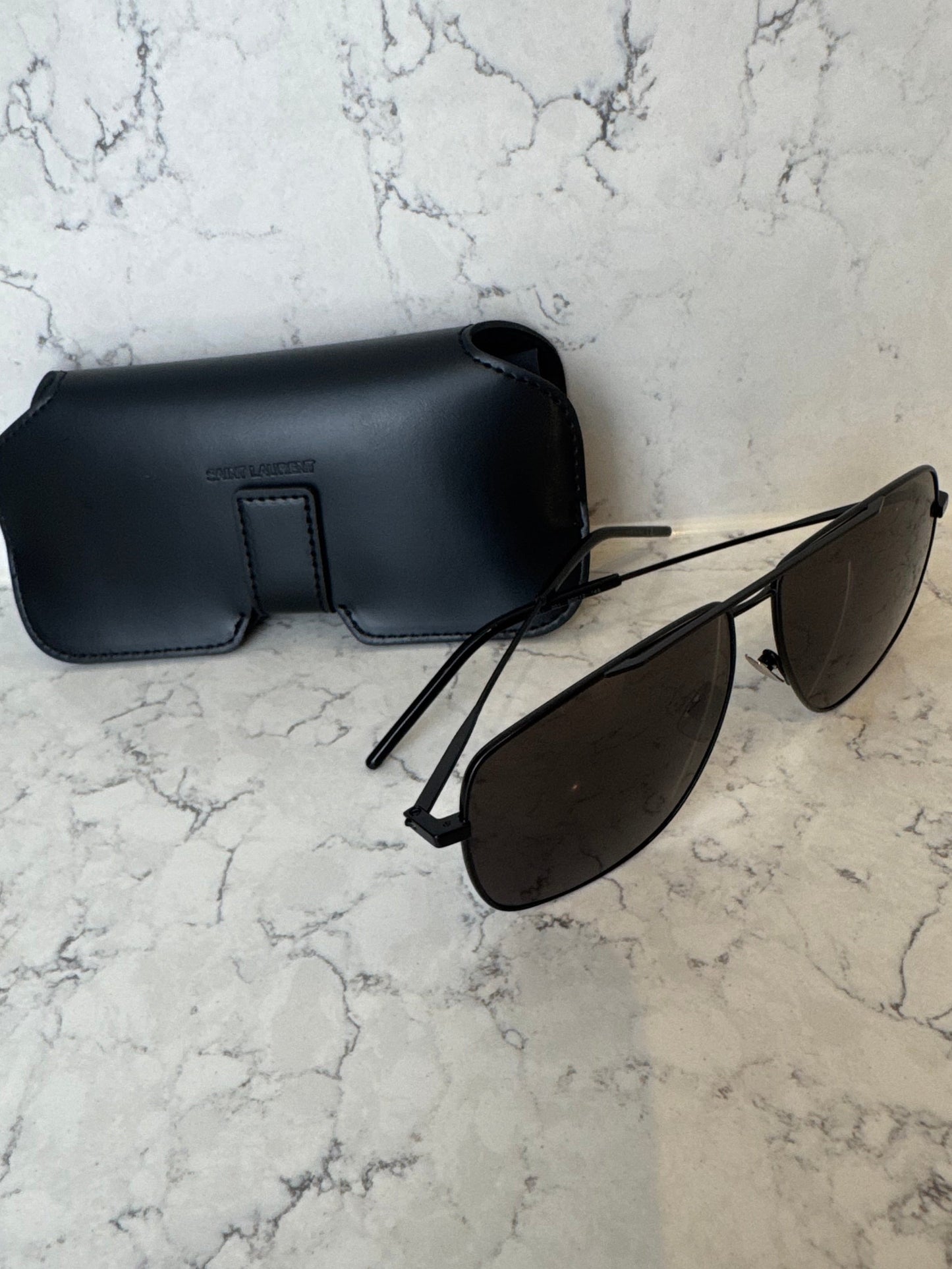 Saint Laurent Black Geometric Aviator Sunglasses with Case