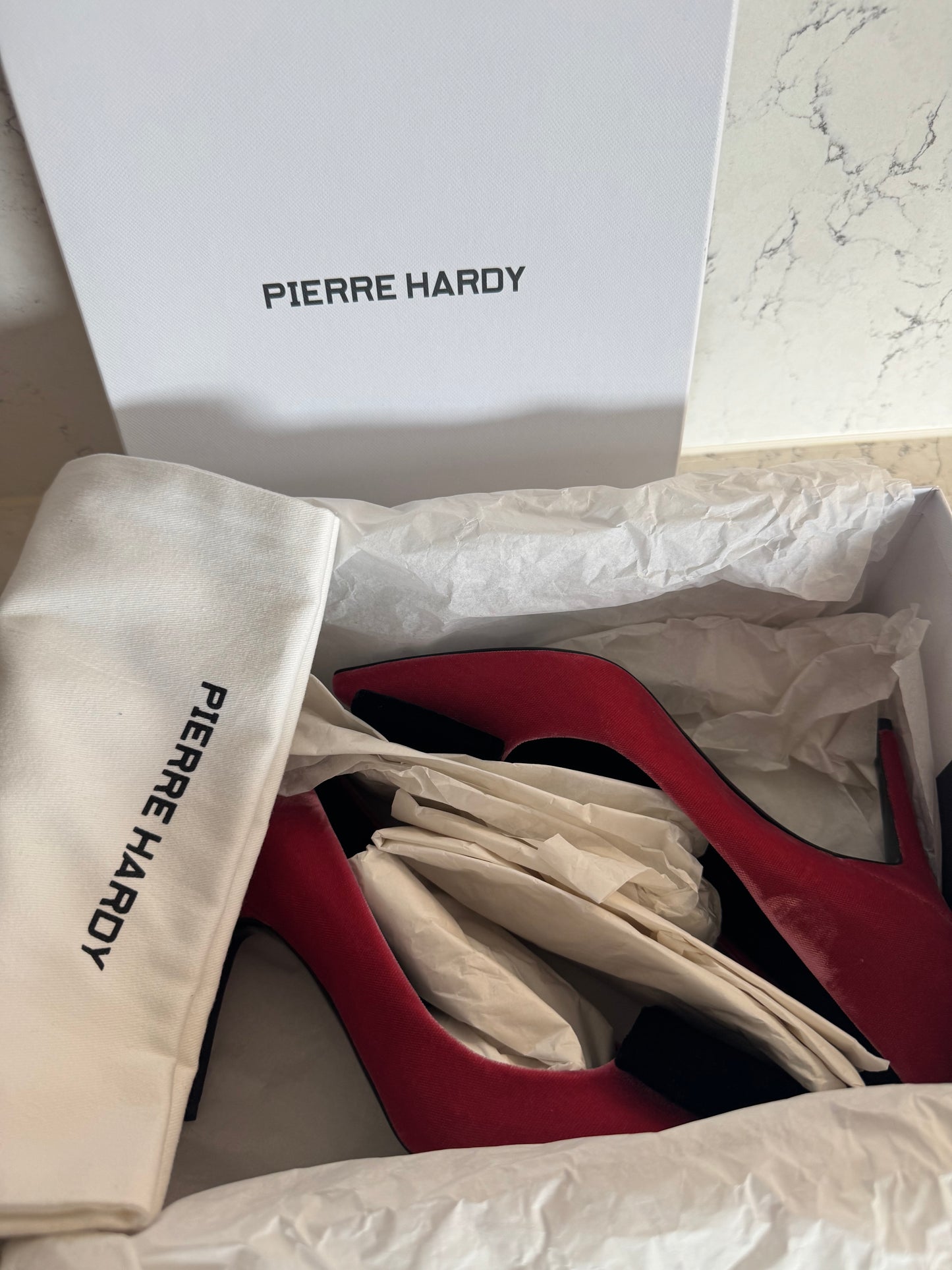 Pierre Hardy Raspberry Satin Pointed-Toe Pumps with Black Velvet Bow | New with Box & Dust Bag