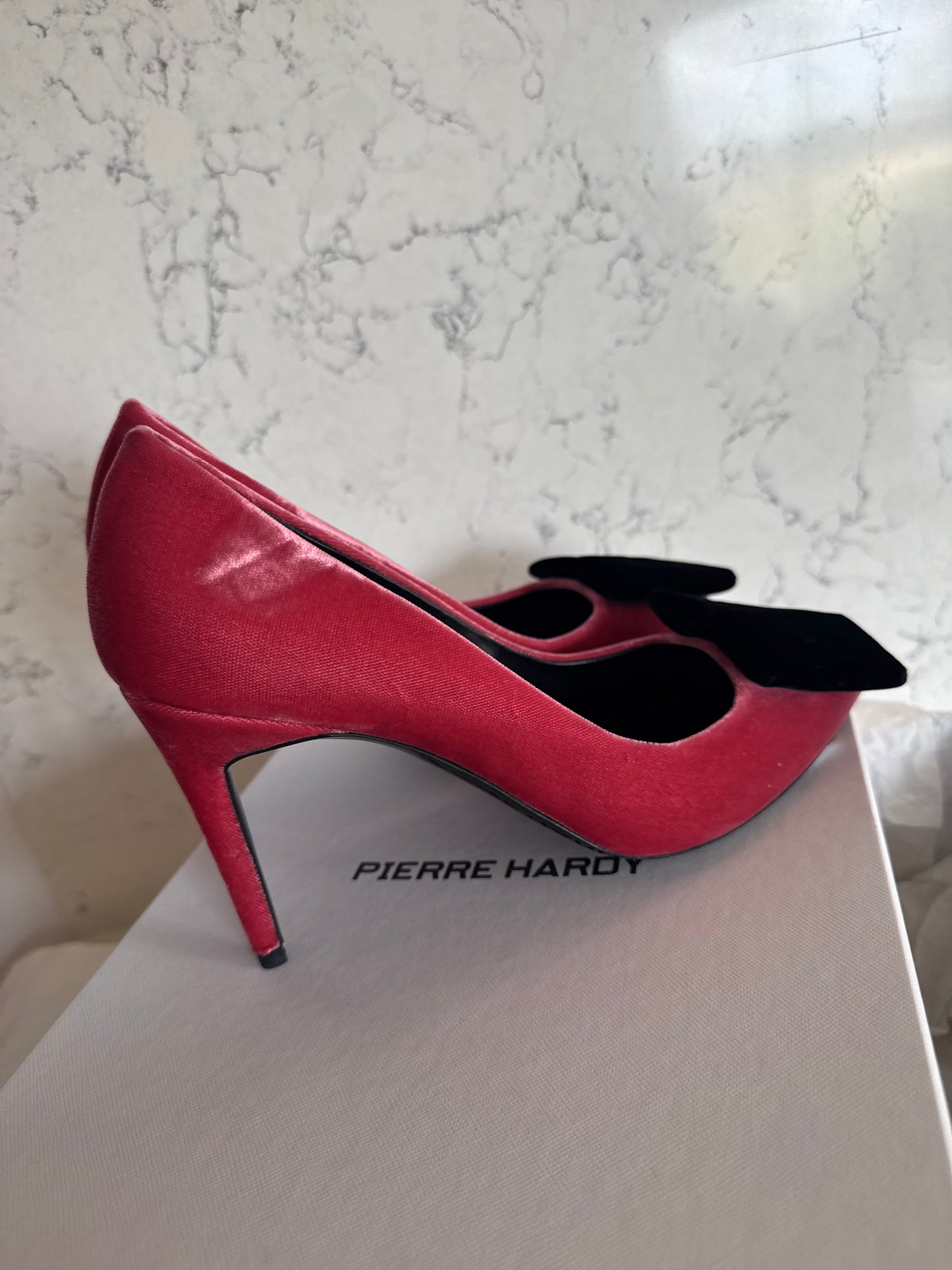 Pierre Hardy Raspberry Satin Pointed-Toe Pumps with Black Velvet Bow | New with Box & Dust Bag