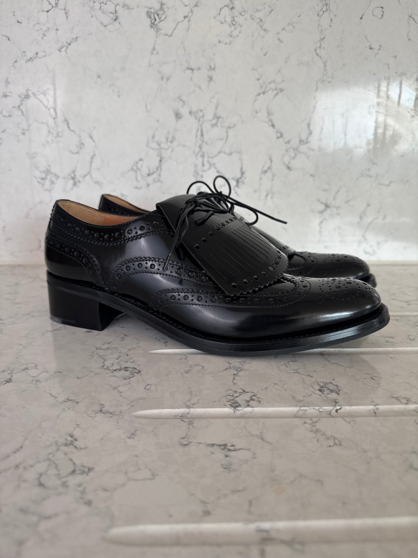 Church’s Black Leather Brogue Derby Shoes with Kiltie Fringe | Made in England | Authentic