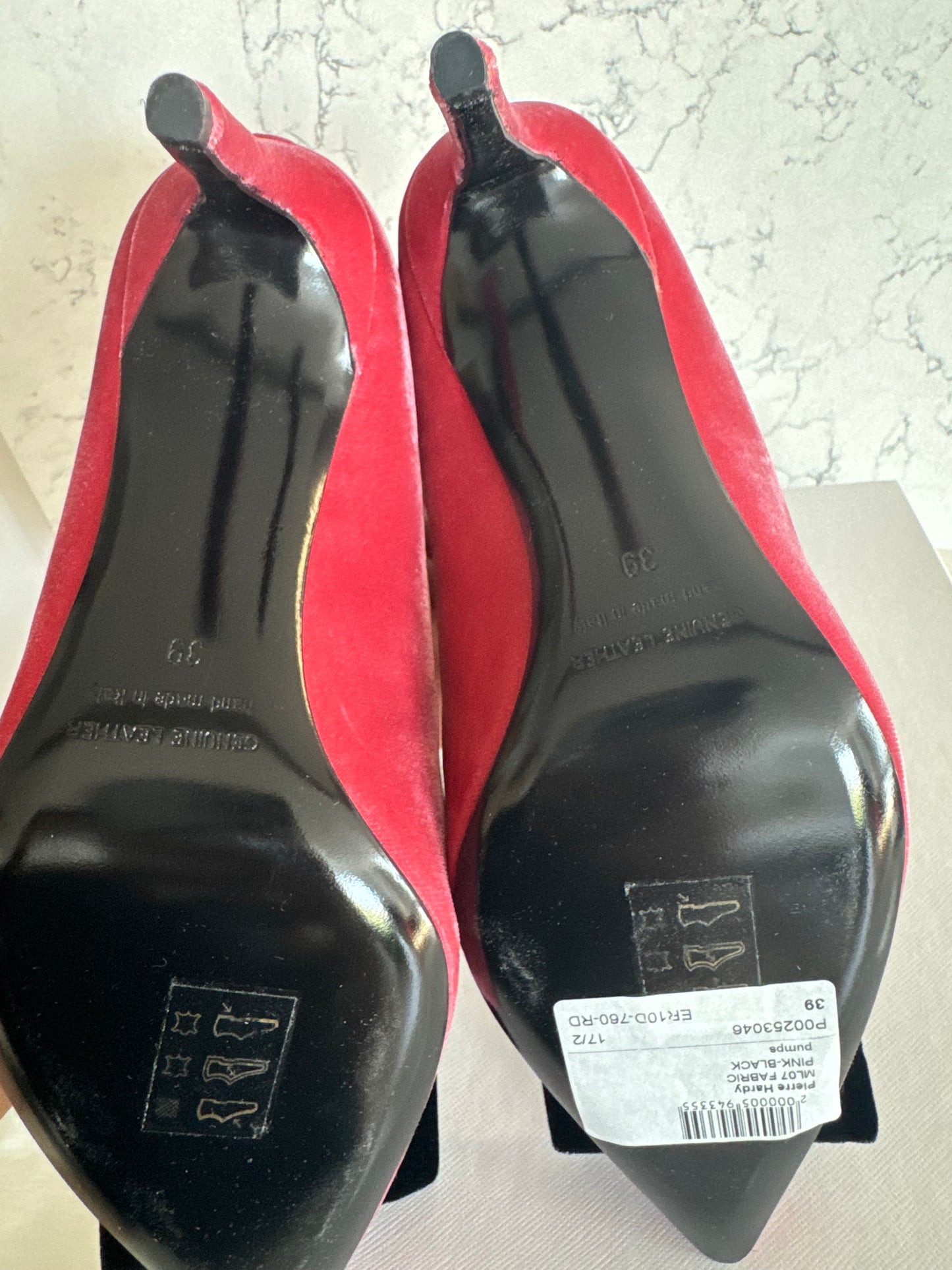 Pierre Hardy Raspberry Satin Pointed-Toe Pumps with Black Velvet Bow | New with Box & Dust Bag