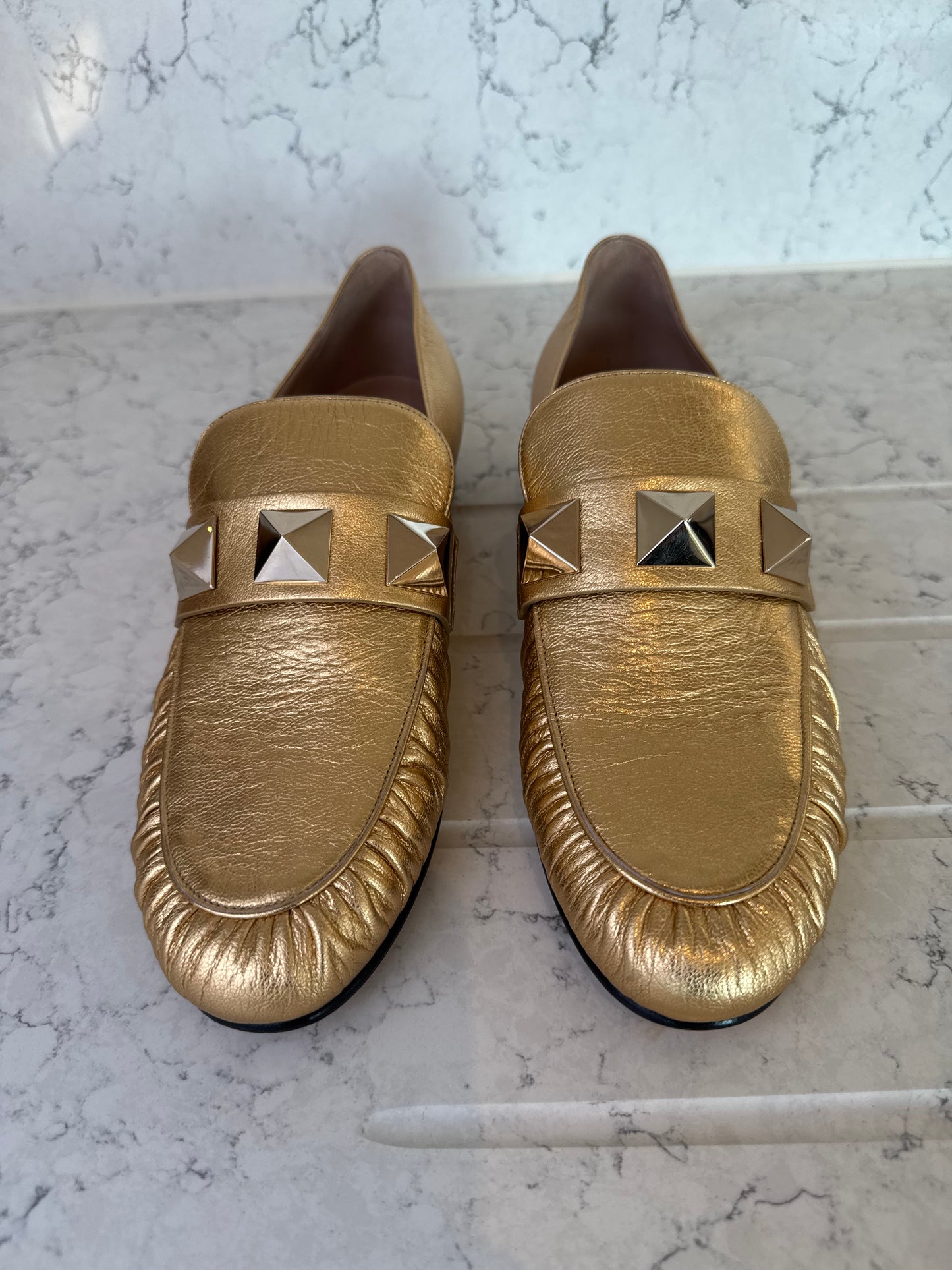 Valentino Garavani Roman Stud Metallic Gold Leather Loafers.