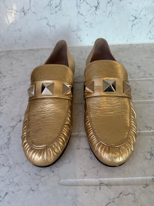 Valentino Garavani Roman Stud Metallic Gold Leather Loafers.