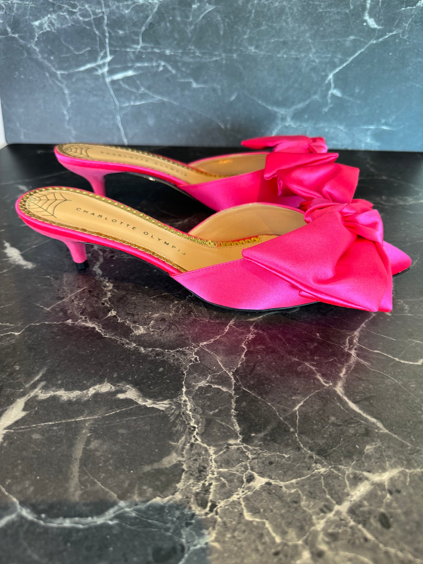 Charlotte Olympia Hot Pink Satin Bow Mules