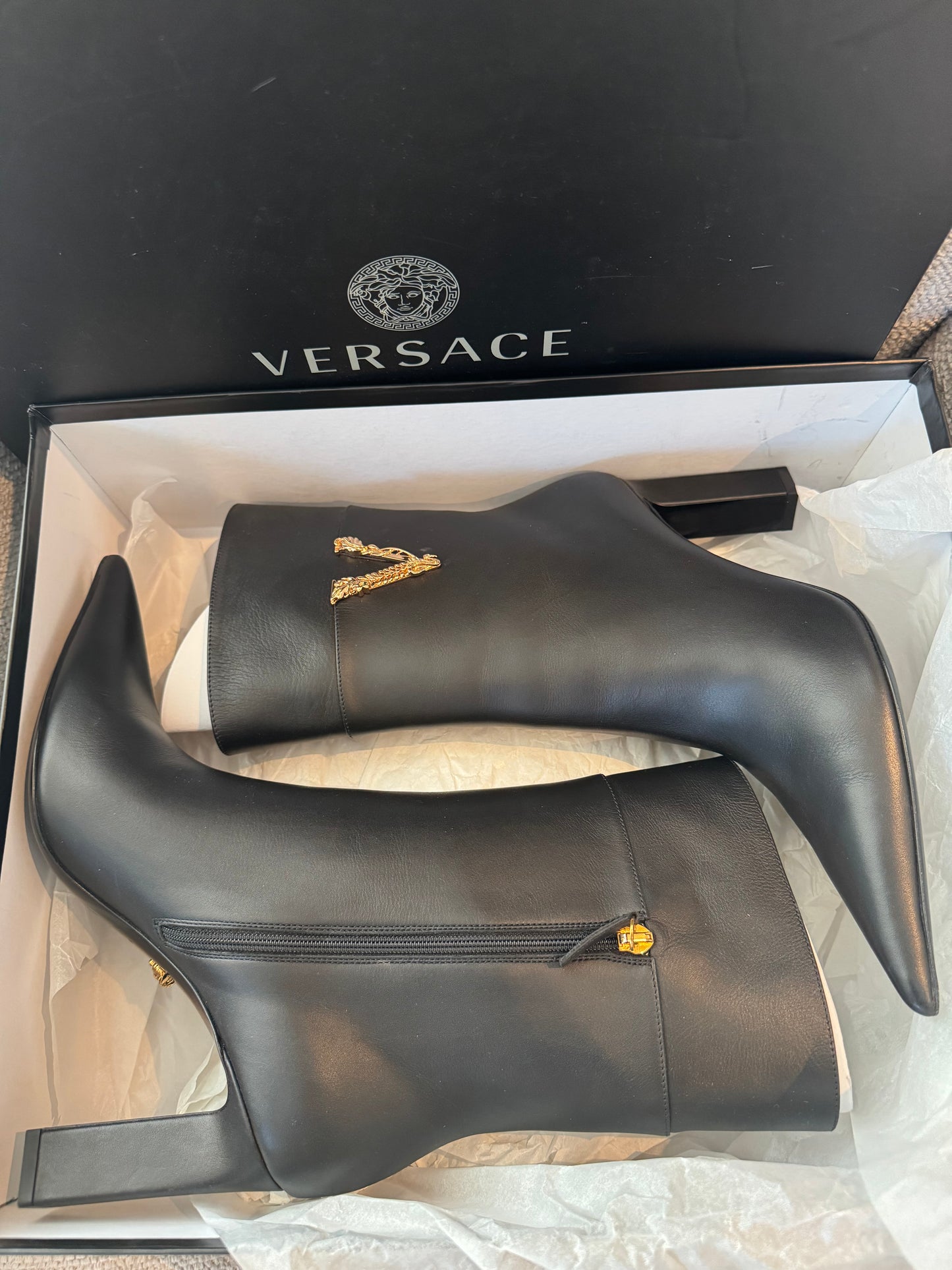 Versace Black Leather Medusa ‘V’ Ankle Boots