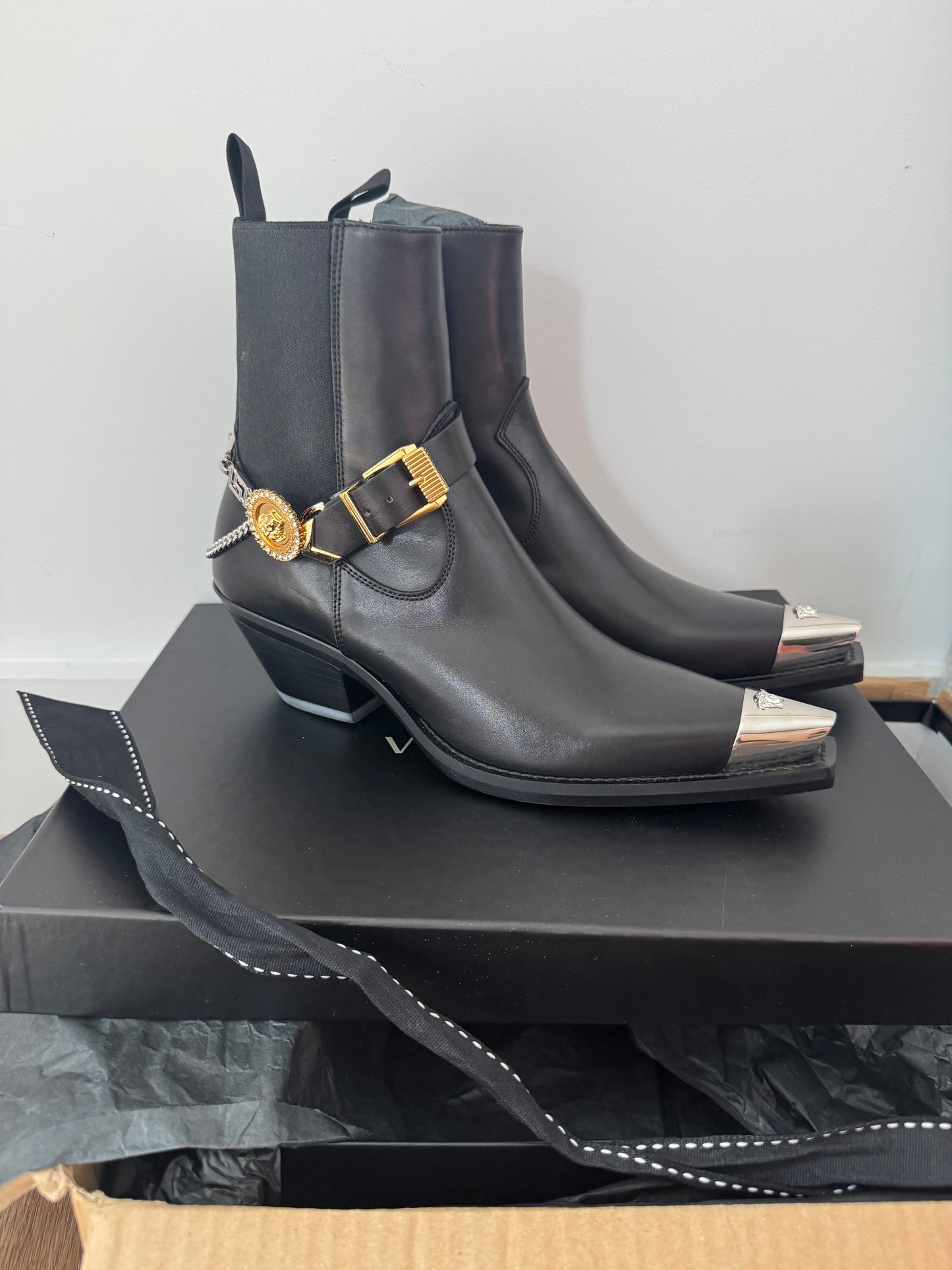 Versace Medusa Chain Leather Ankle Boots – Black