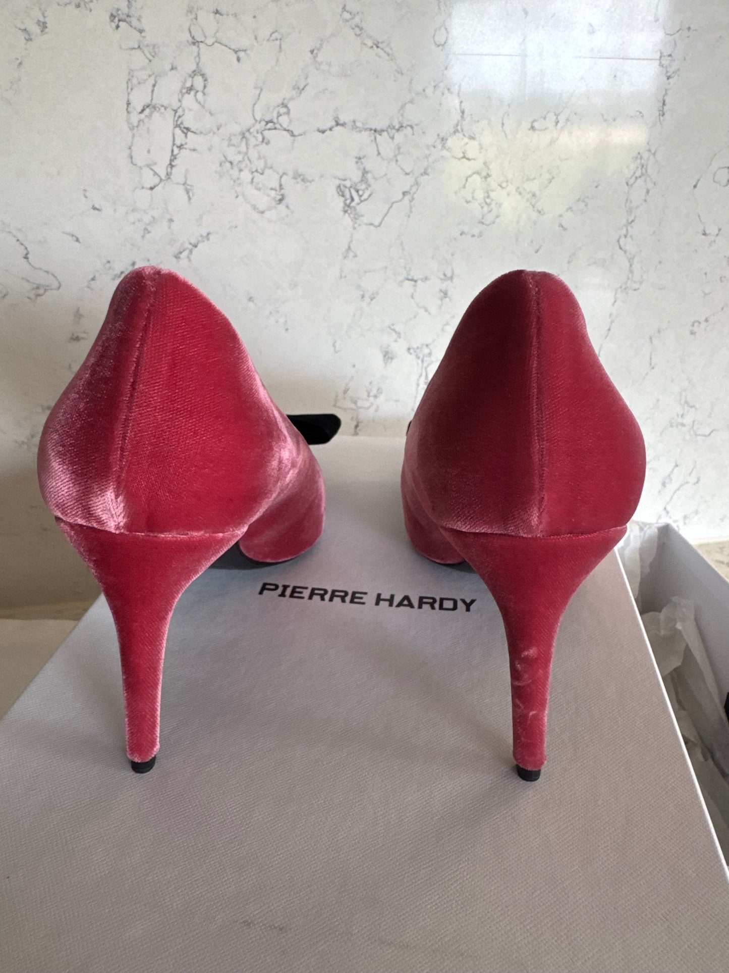 Pierre Hardy Raspberry Satin Pointed-Toe Pumps with Black Velvet Bow | New with Box & Dust Bag