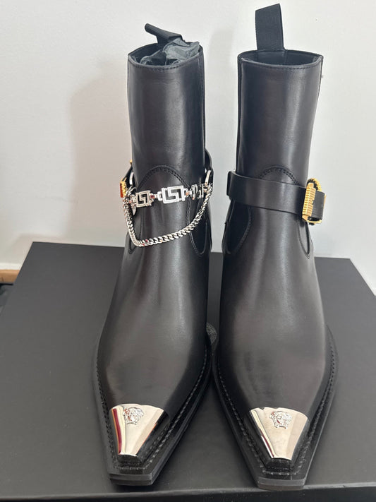 Versace Medusa Chain Leather Ankle Boots – Black