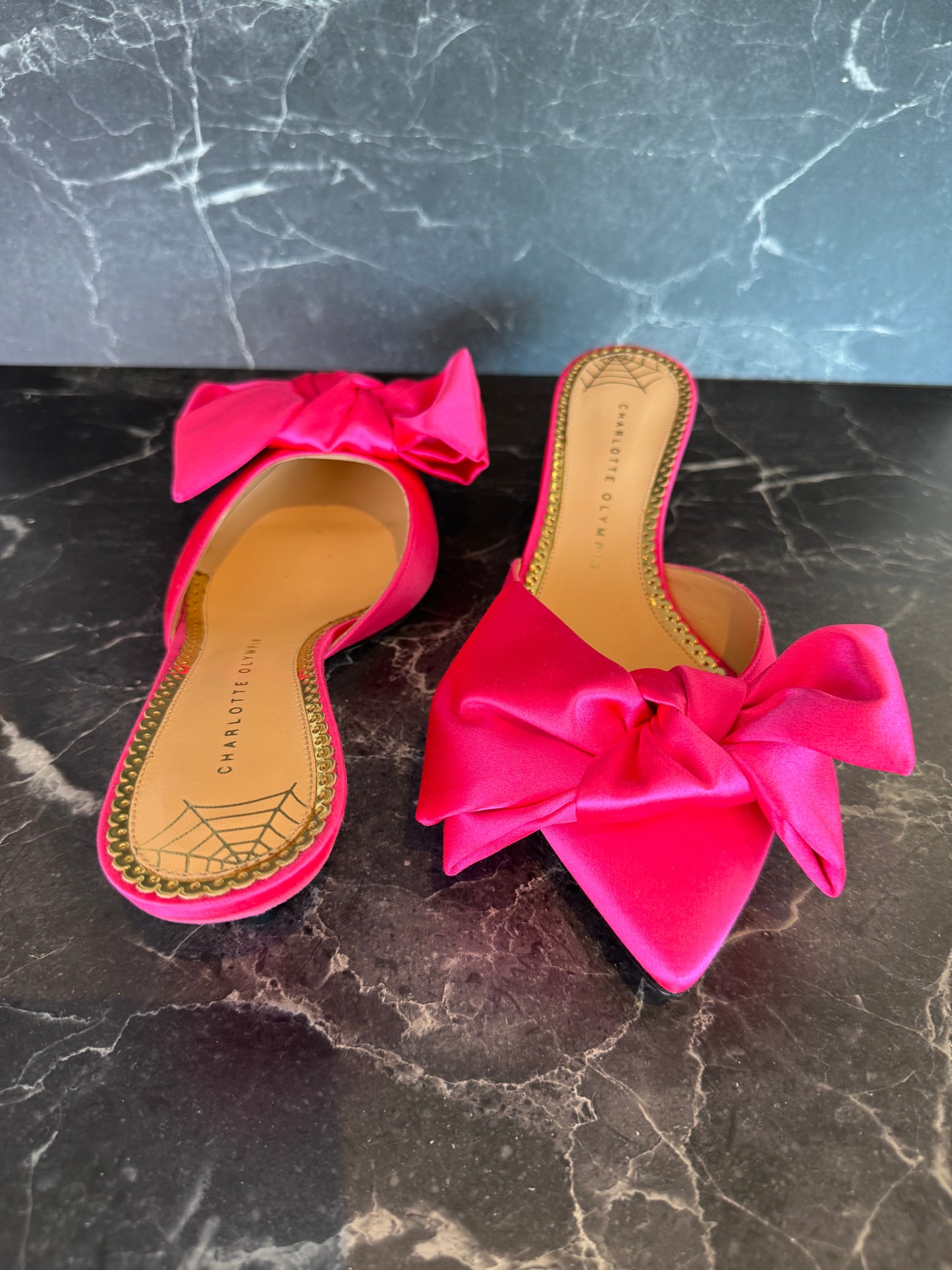 Charlotte Olympia Hot Pink Satin Bow Mules