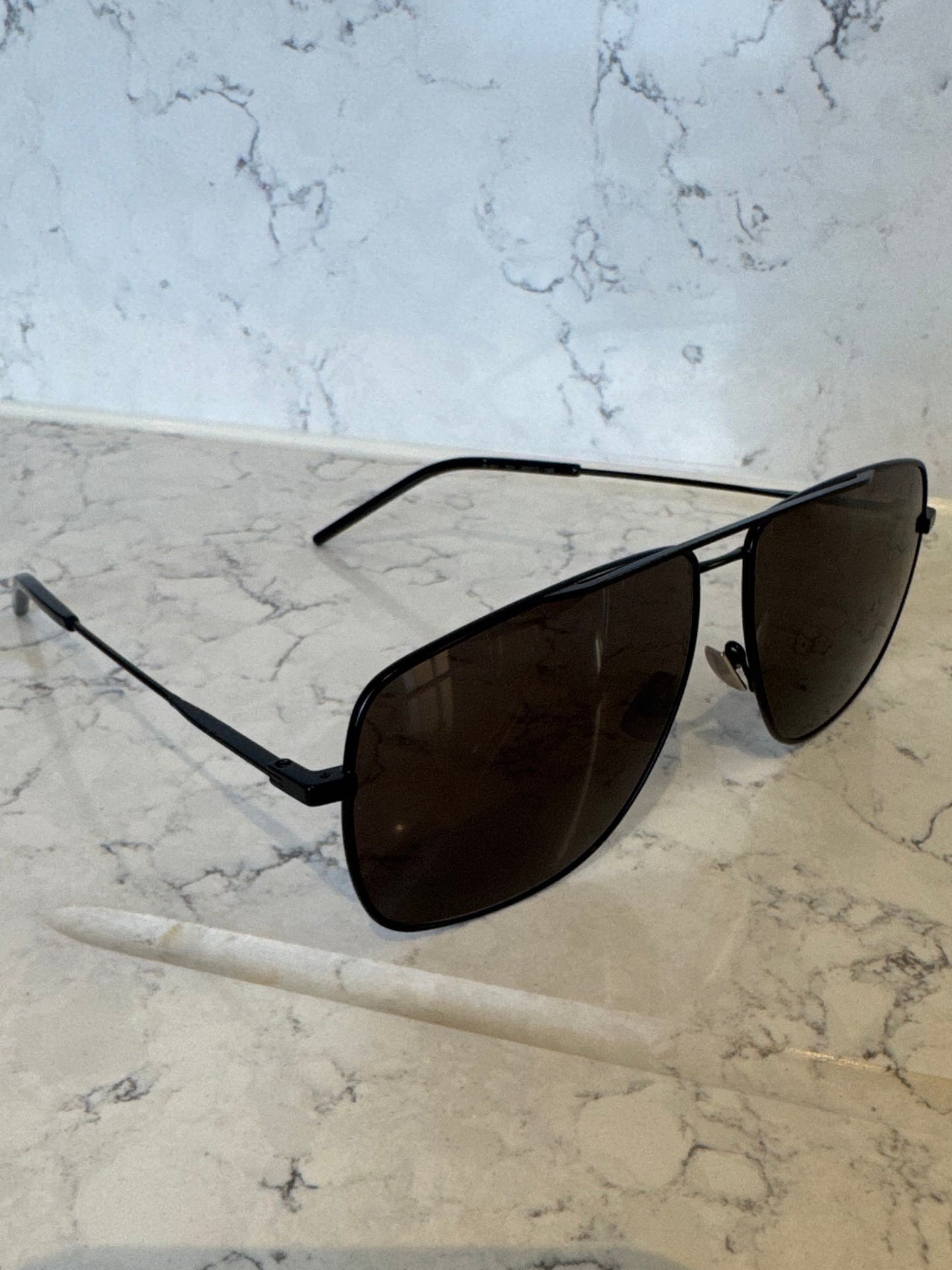 Saint Laurent Black Geometric Aviator Sunglasses with Case
