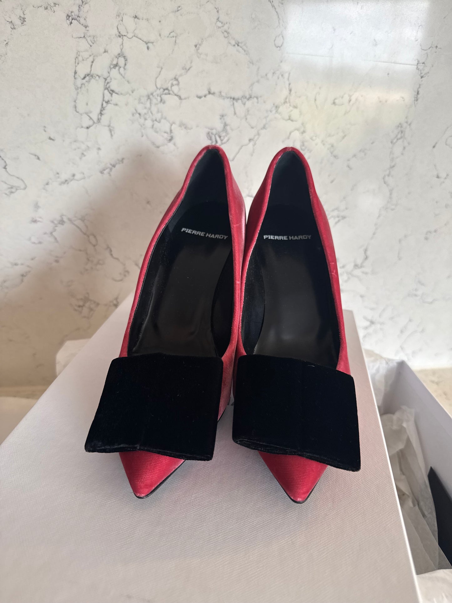 Pierre Hardy Raspberry Satin Pointed-Toe Pumps with Black Velvet Bow | New with Box & Dust Bag