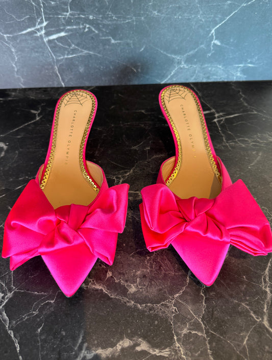 Charlotte Olympia Hot Pink Satin Bow Mules