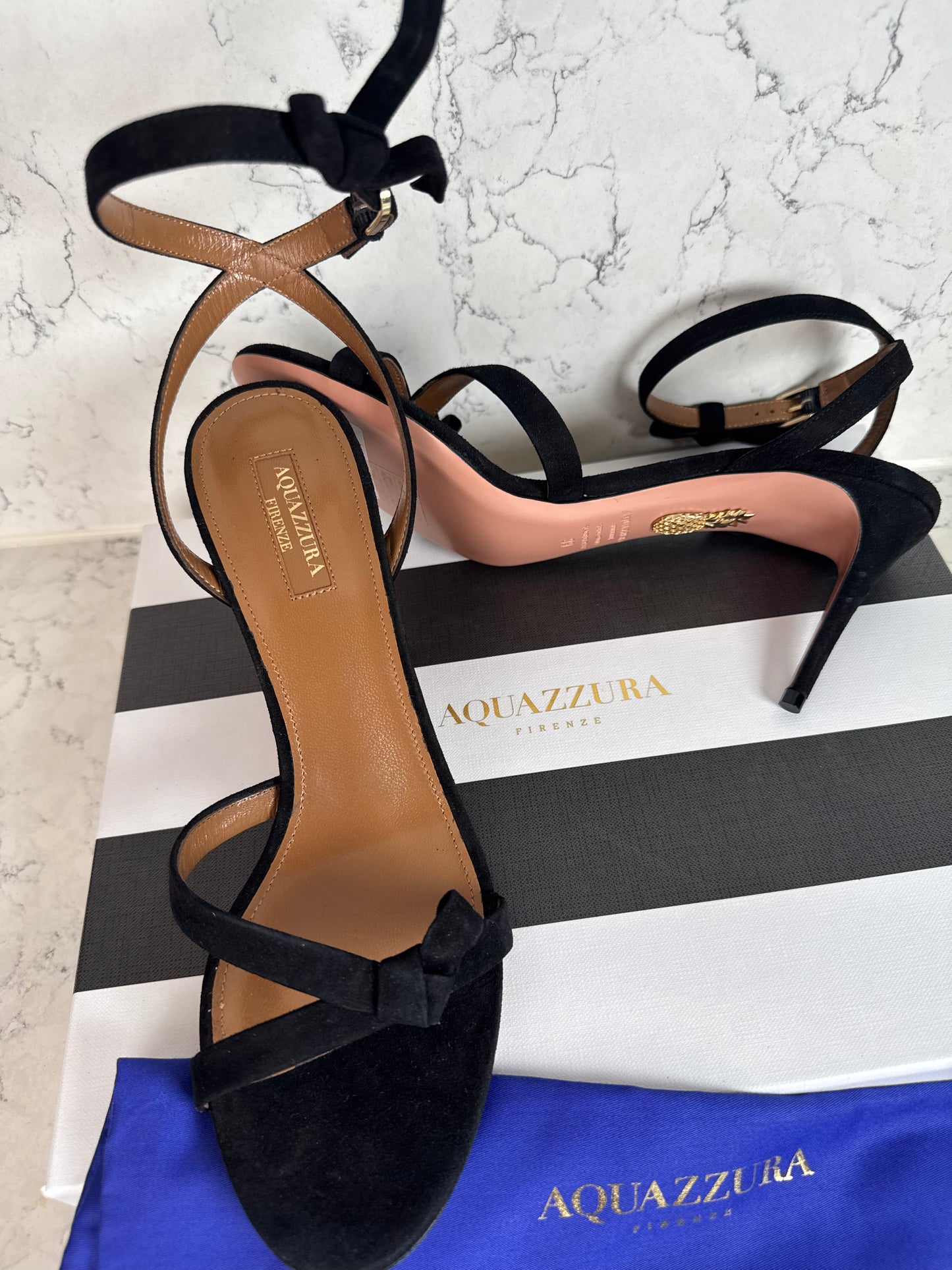Aquazzura Firenze Black Suede Bow Ankle-Wrap Sandals